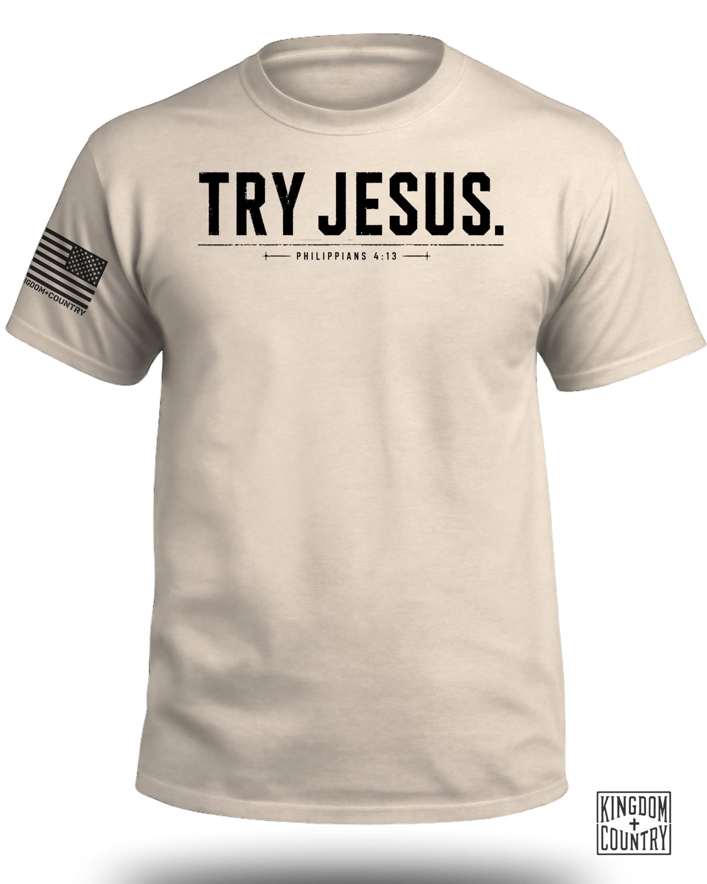 Light tan t-shirt with bold "TRY JESUS." text and Philippians 4:13 scripture.