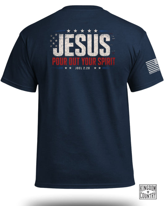 Dark blue t-shirt with "Jesus Pour Out Your Spirit Joel 2:28" and US flag accents.