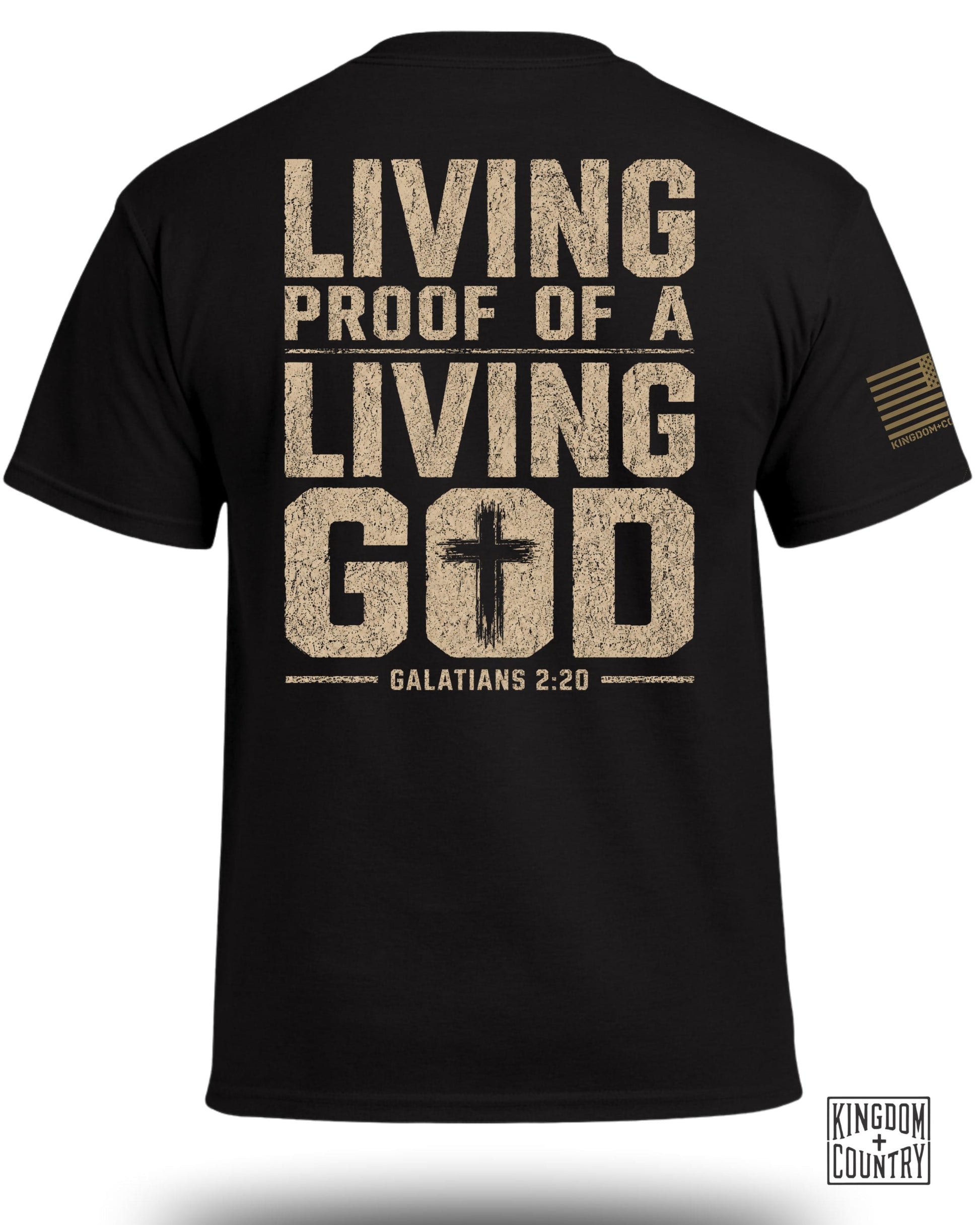 Black t-shirt with distressed text "LIVING PROOF OF A LIVING GOD" and "GALATIANS 2:20".