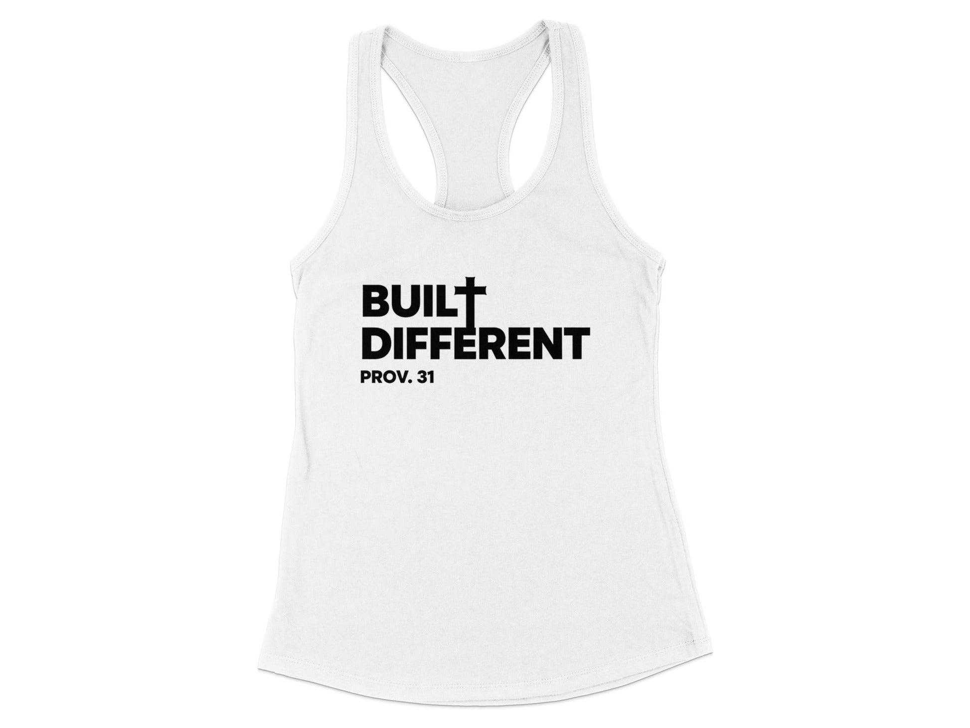 White tank top with "BUILT DIFFERENT PROV. 31" printed in black.