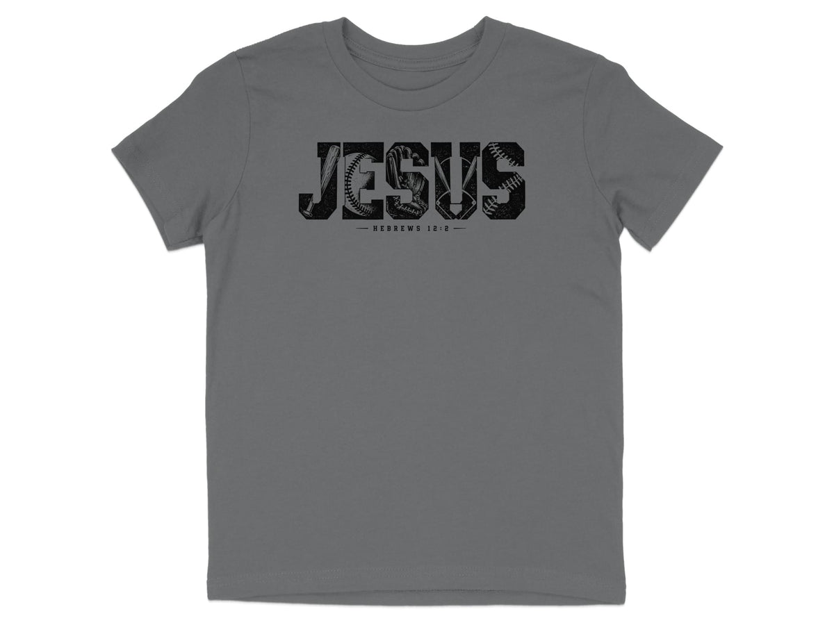Grey t-shirt with "JESUS" text filled with baseball images and "HEBREWS 12:2".
