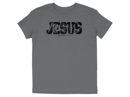 Grey t-shirt with "JESUS" text filled with baseball images and "HEBREWS 12:2".