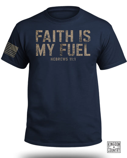 Navy t-shirt with distressed text "FAITH IS MY FUEL, HEBREWS 11:1" and flag logo.