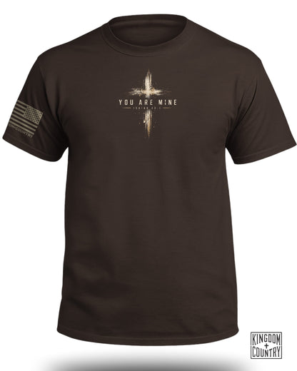Brown t-shirt with distressed cross graphic and text "YOU ARE MINE ISAIAH 43:1".