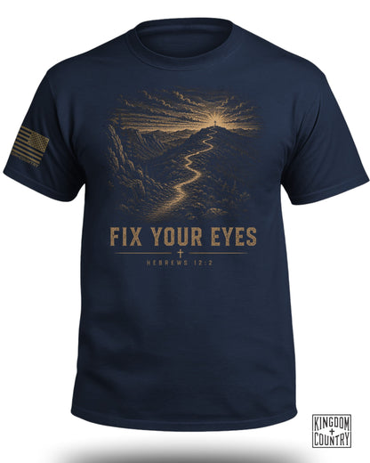 Navy t-shirt with "Fix Your Eyes Hebrews 12:2" text and mountain landscape.