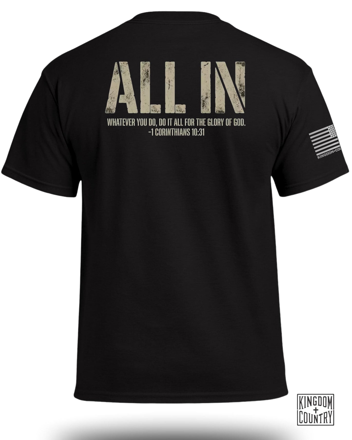 Black t-shirt with "ALL IN" and biblical scripture in beige and white.