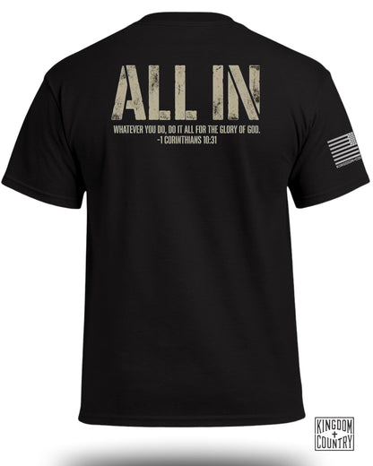 Black t-shirt with "ALL IN" and biblical scripture in beige and white.