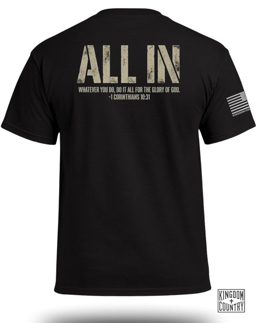 Black t-shirt with "ALL IN" and biblical scripture in beige and white.