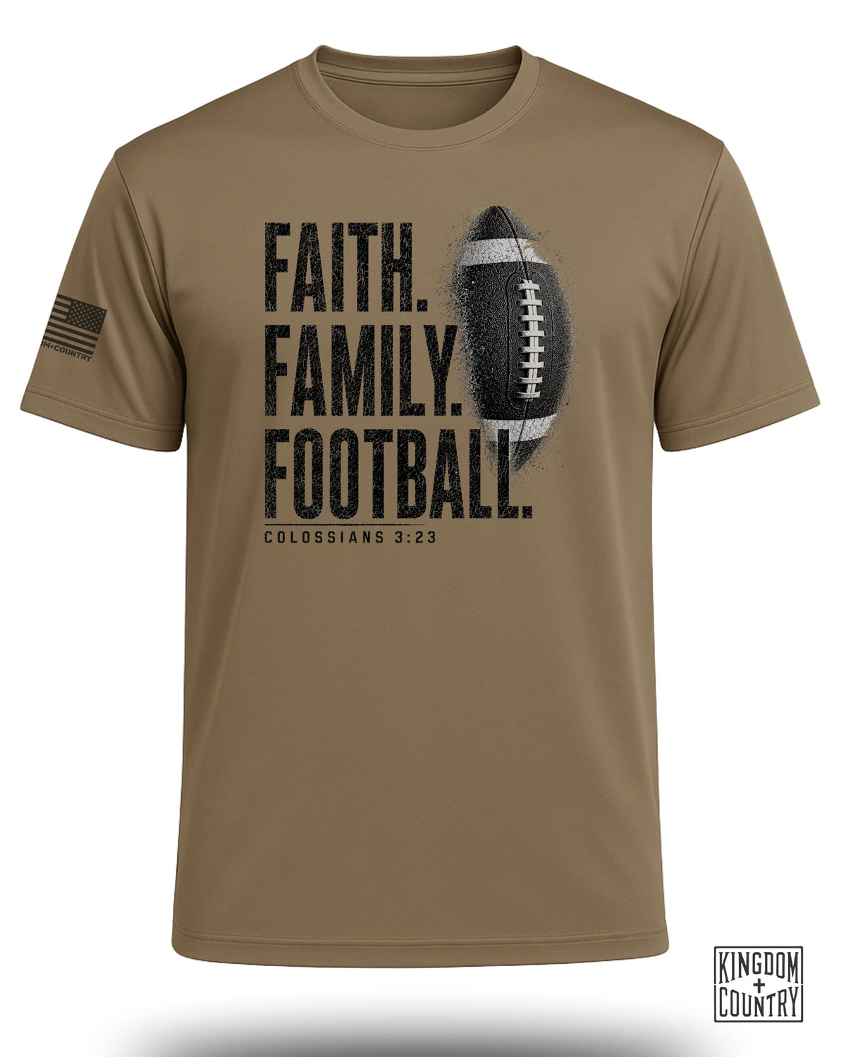 T-shirt with text "FAITH. FAMILY. FOOTBALL." and football graphic.