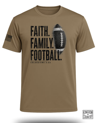 T-shirt with text "FAITH. FAMILY. FOOTBALL." and football graphic.