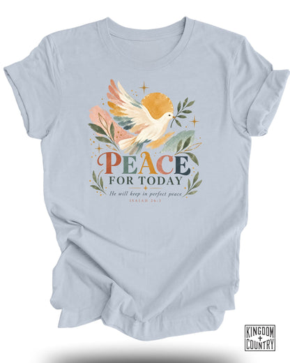 Light blue t-shirt with "Peace For Today" and Isaiah 26:3 verse.
