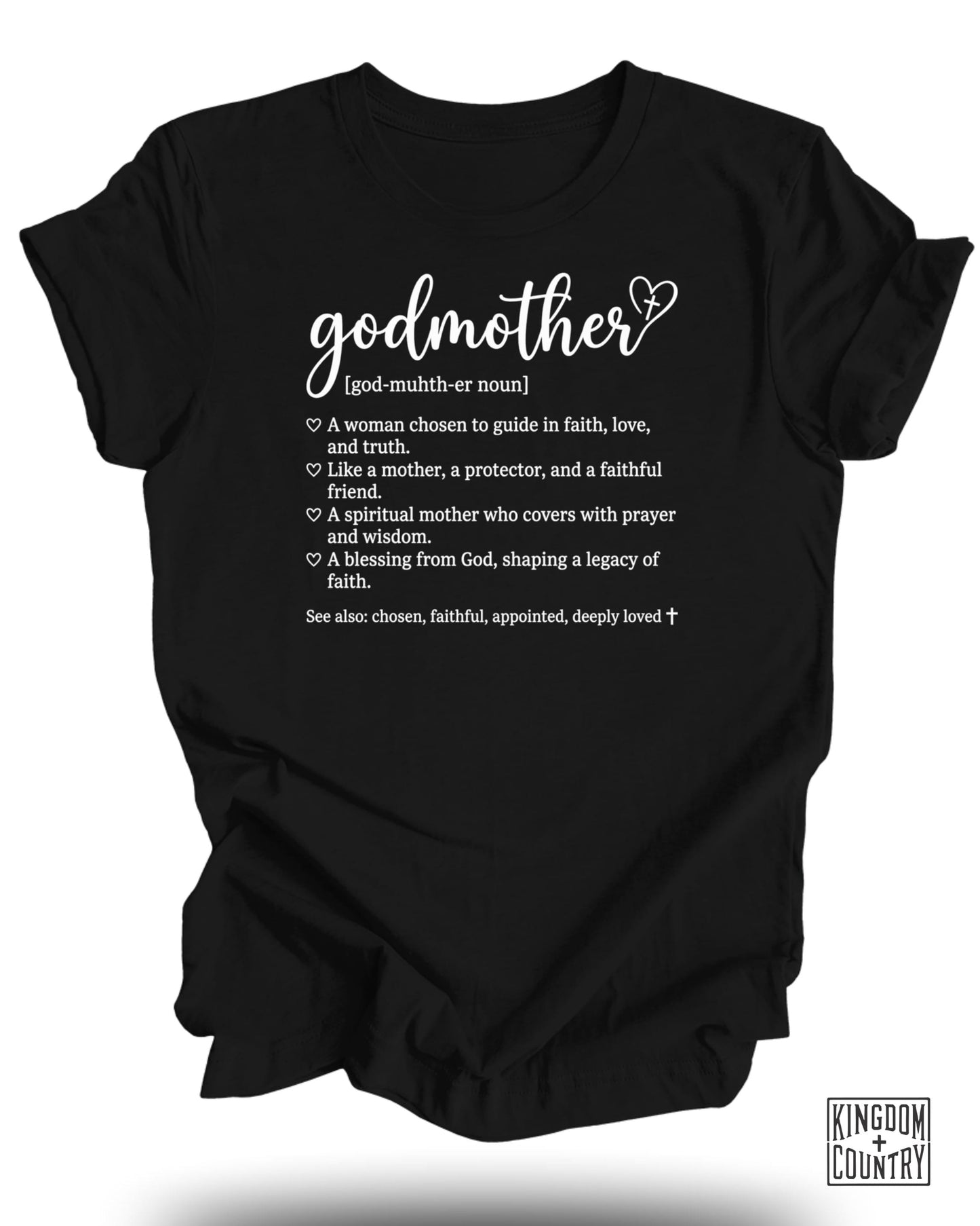 Black t-shirt with "Godmother" and definition in white text.