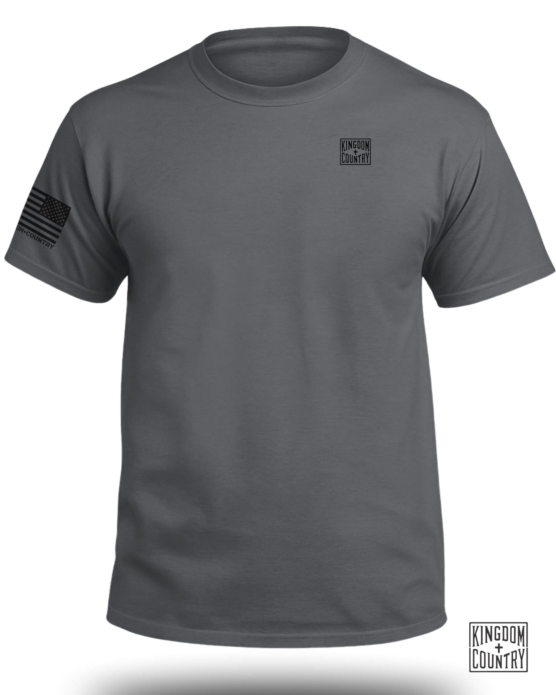 Charcoal t-shirt with a black American flag on the left sleeve and "KINGDOM + COUNTRY" logo.