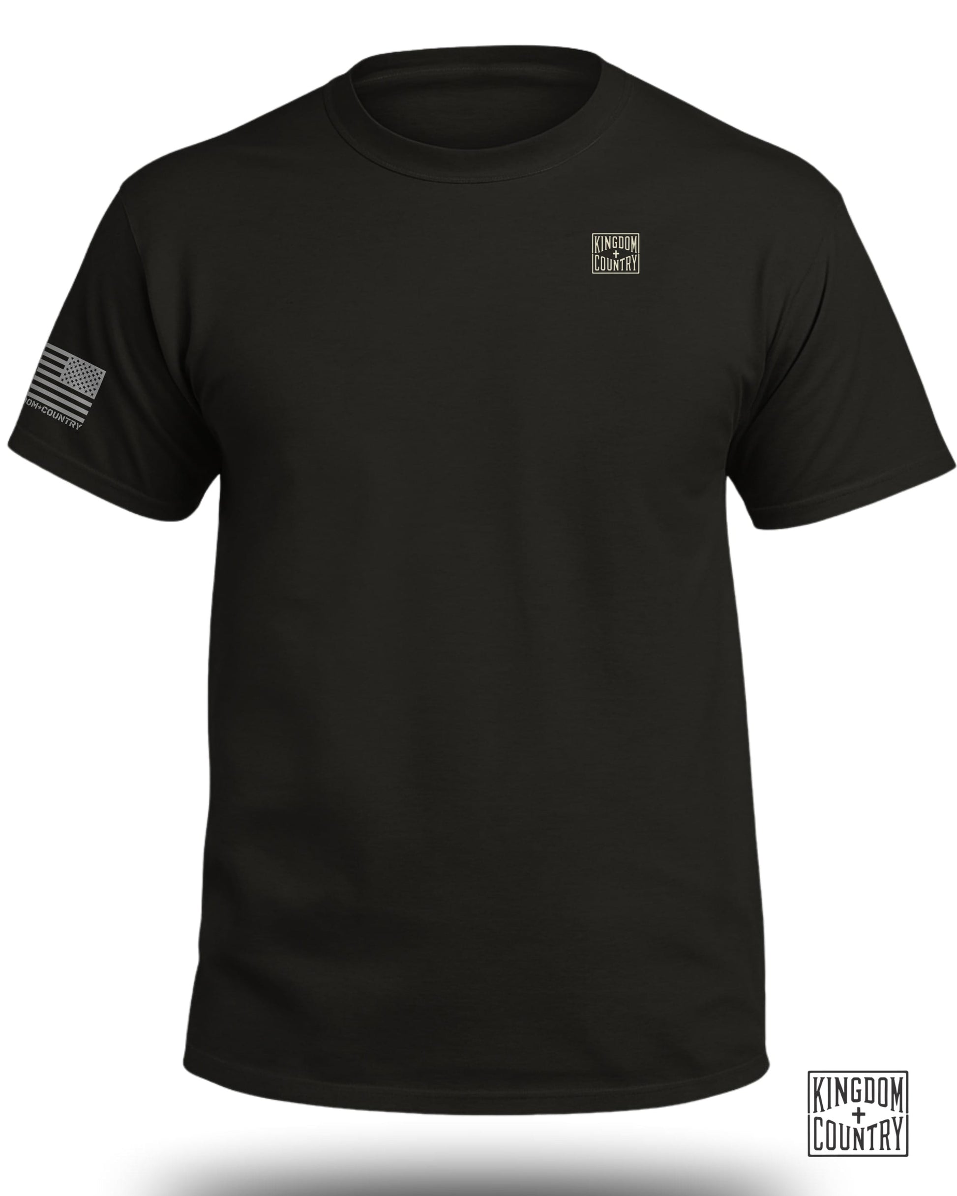 Black t-shirt with Kingdom + Country logo and American flag on sleeve.