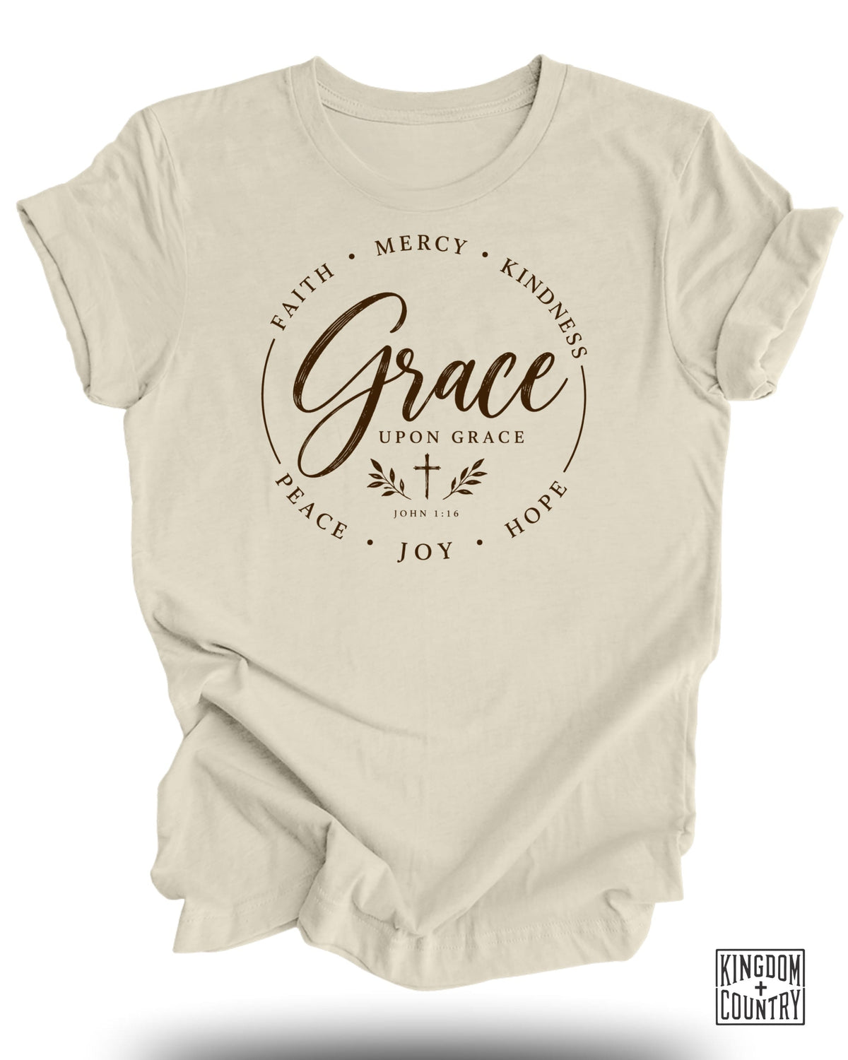 Cream t-shirt with "Grace Upon Grace" and Bible verse John 1:16.