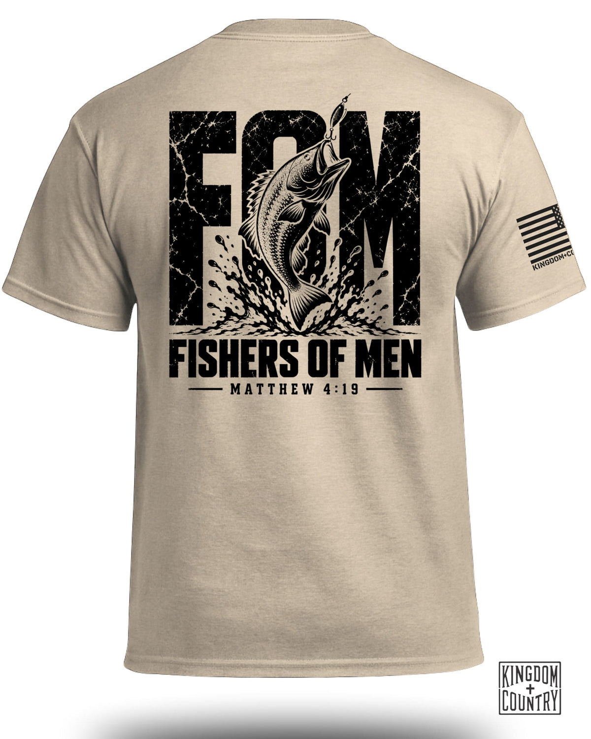 Tan t-shirt with graphic of bass jumping for lure and text "FISHERS OF MEN MATTHEW 4:19".