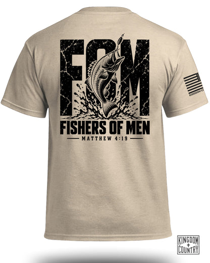 Tan t-shirt with graphic of bass jumping for lure and text "FISHERS OF MEN MATTHEW 4:19".
