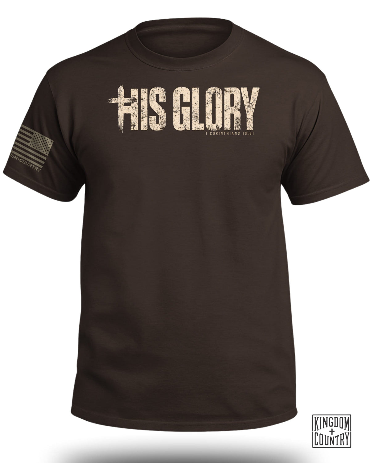 Brown t-shirt with "HIS GLORY" and "1 Corinthians 10:31" text.