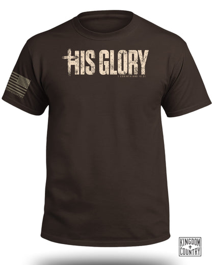 Brown t-shirt with "HIS GLORY" and "1 Corinthians 10:31" text.