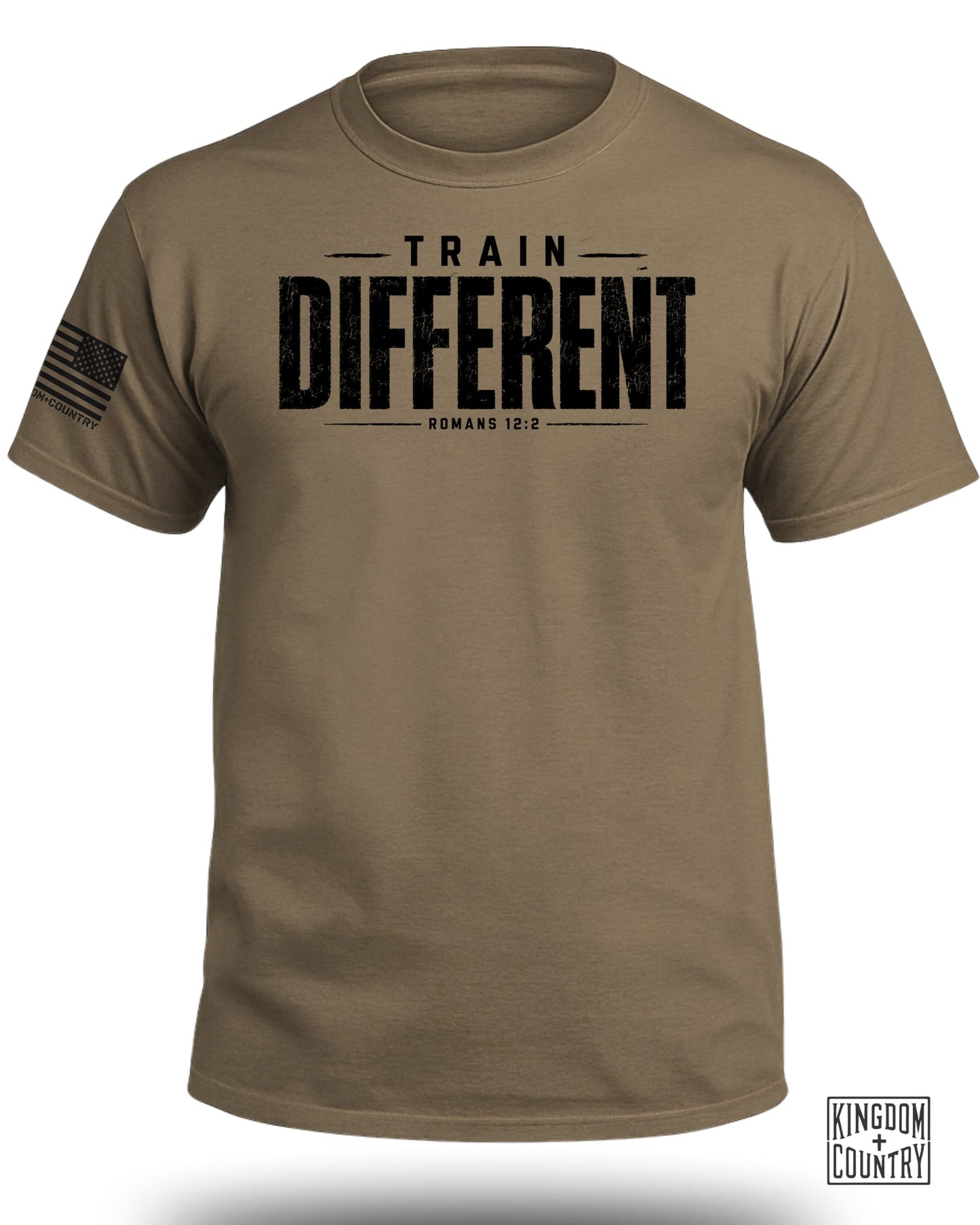 Brown t-shirt with "TRAIN DIFFERENT ROMANS 12:2" text and US flag on sleeve.