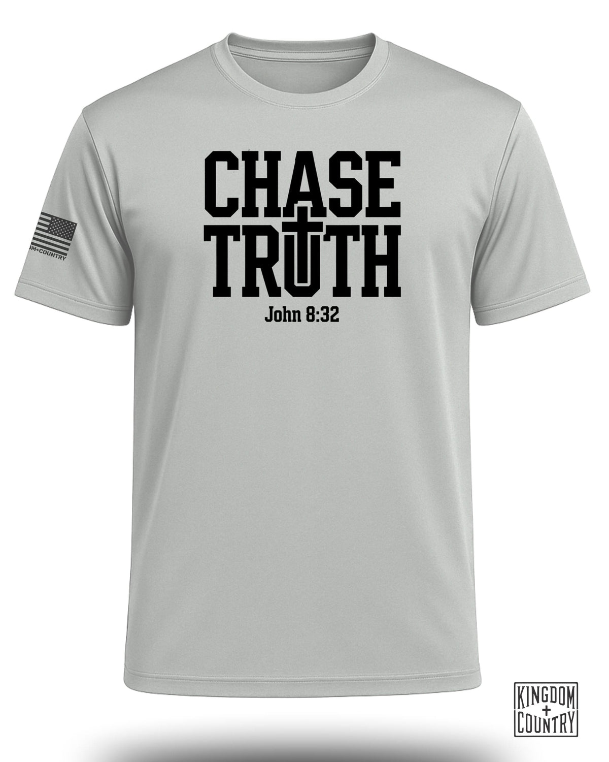 Light gray t-shirt with "CHASE TRUTH John 8:32" text and American flag patch.