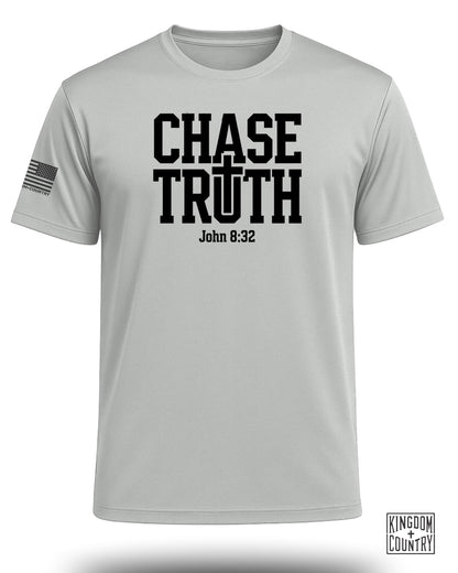 Light gray t-shirt with "CHASE TRUTH John 8:32" text and American flag patch.