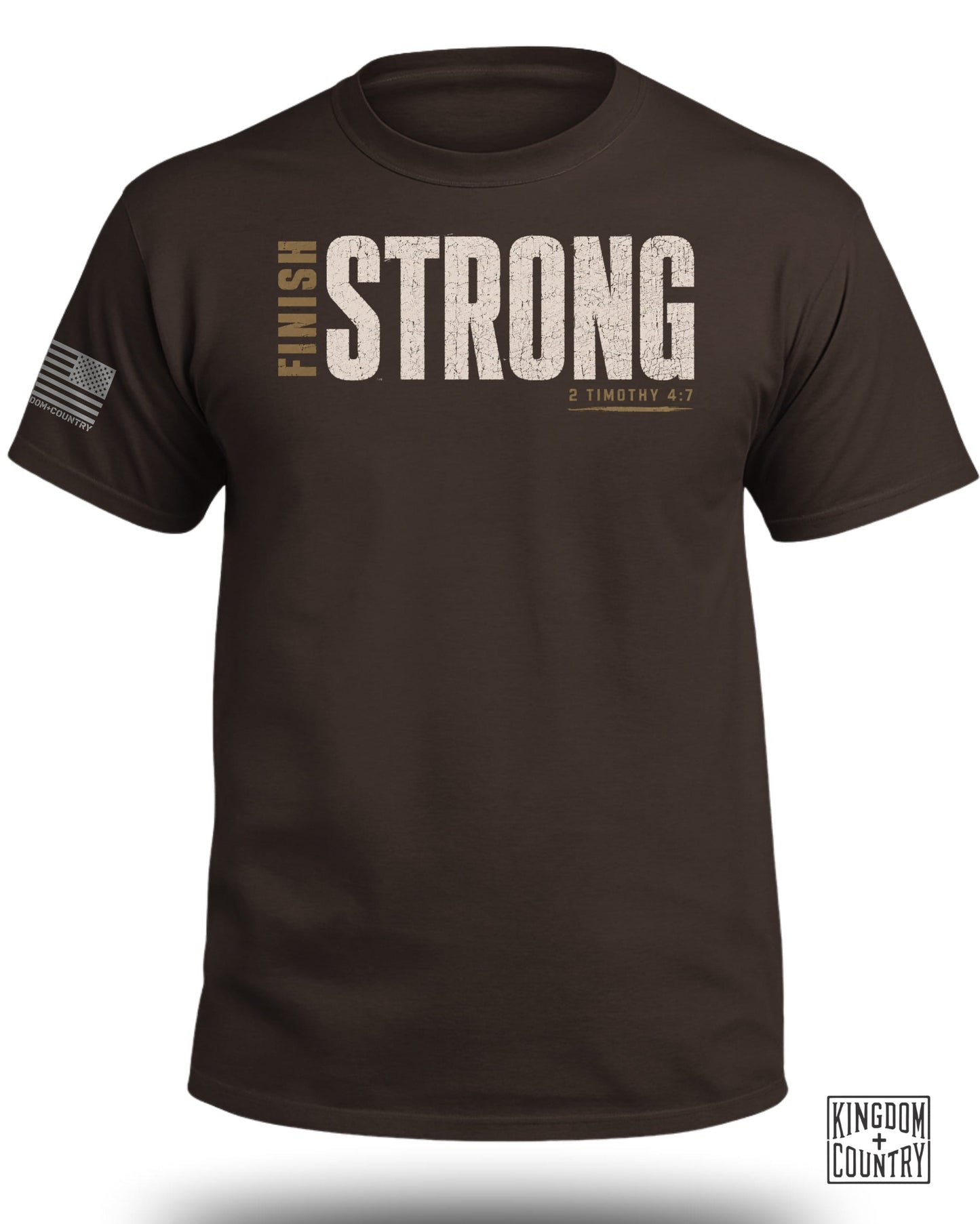 Brown t-shirt with "FINISH STRONG" and "2 TIMOTHY 4:7" text.
