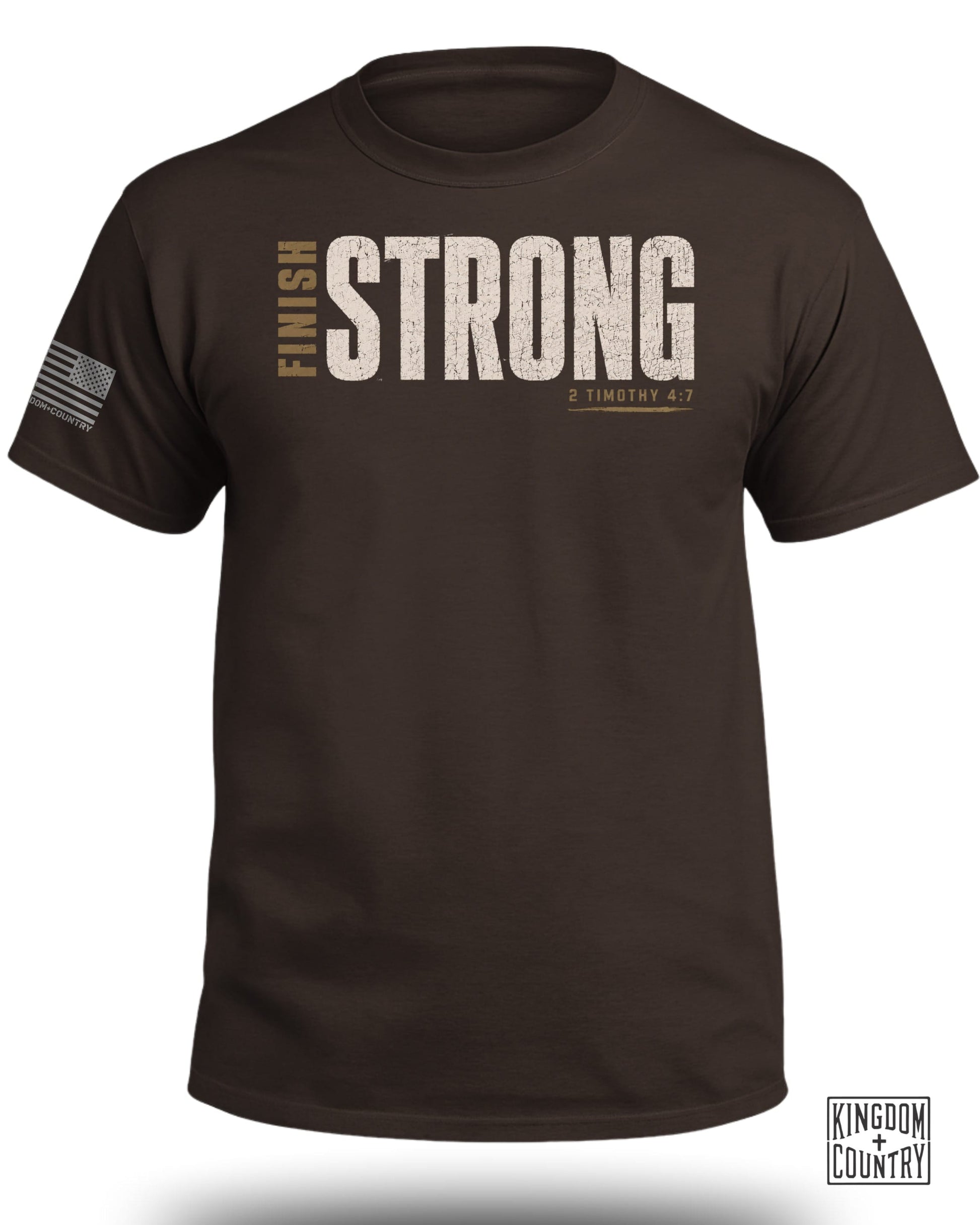 Brown t-shirt with "FINISH STRONG" and "2 TIMOTHY 4:7" text.