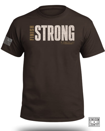 Brown t-shirt with "FINISH STRONG" and "2 TIMOTHY 4:7" text.