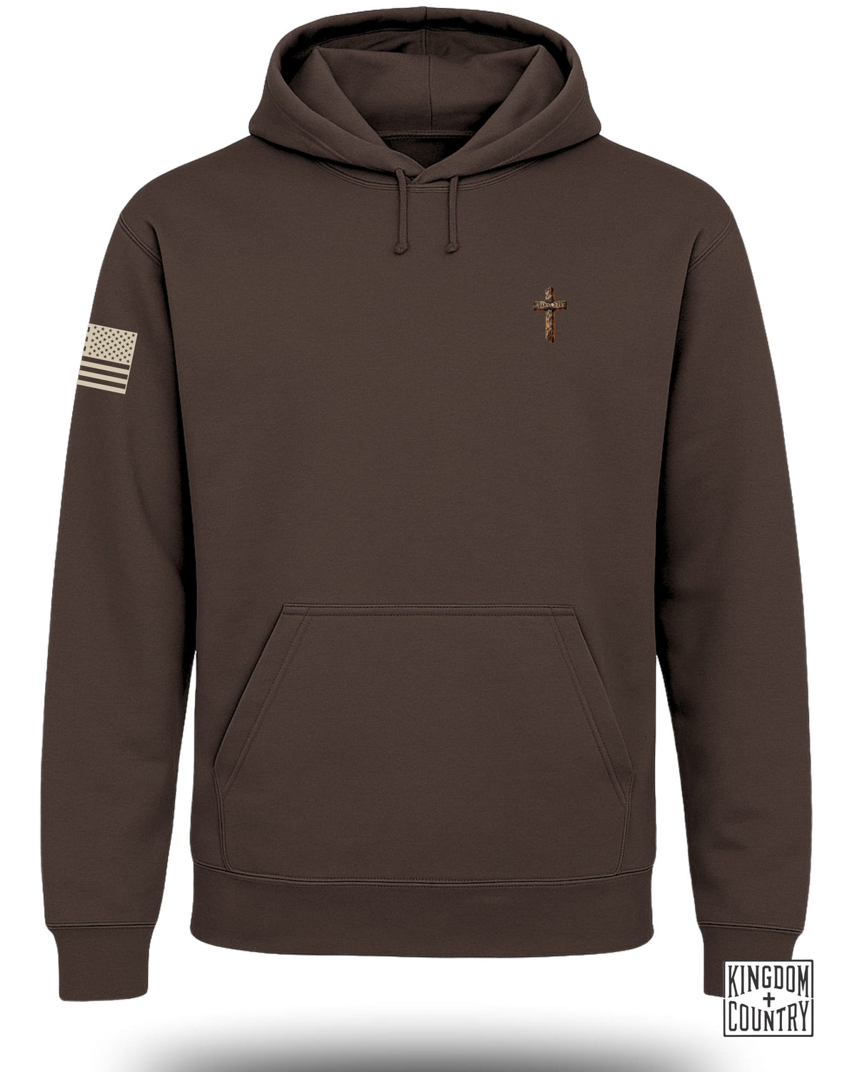 Brown hoodie with a cross and "Daniel 3:25" on the chest and US flag patch.