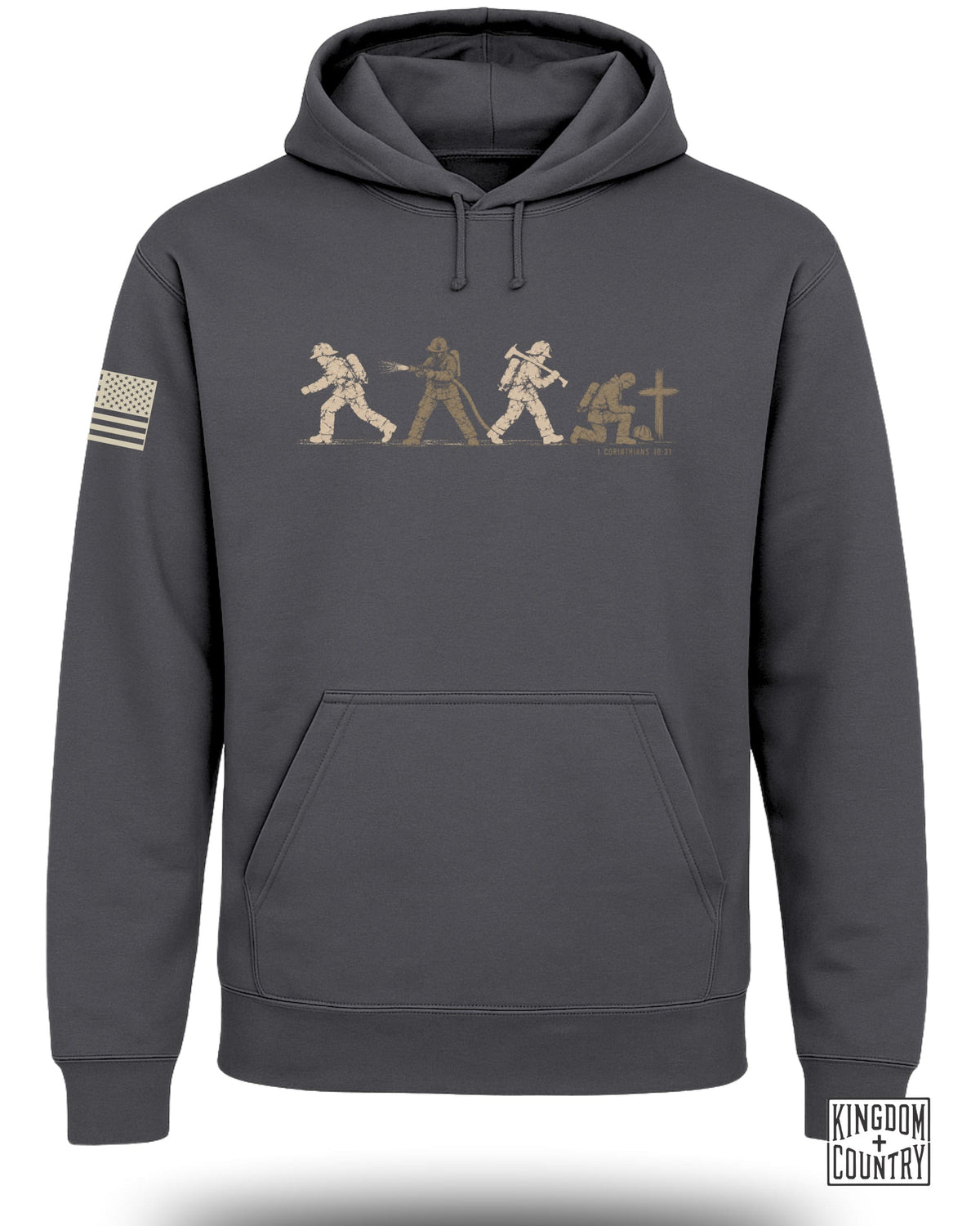 A dark gray hooded sweatshirt featuring a firefighter graphic on the chest and an American flag patch on the sleeve.