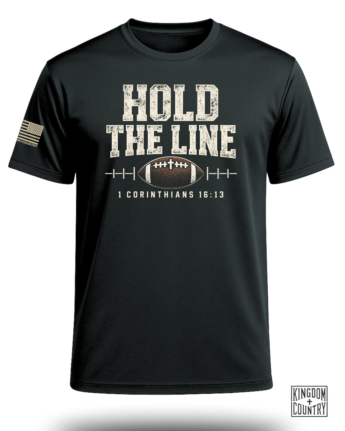 Black t-shirt with "HOLD THE LINE" text and football graphic.