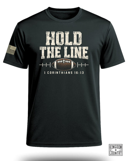 Black t-shirt with "HOLD THE LINE" text and football graphic.