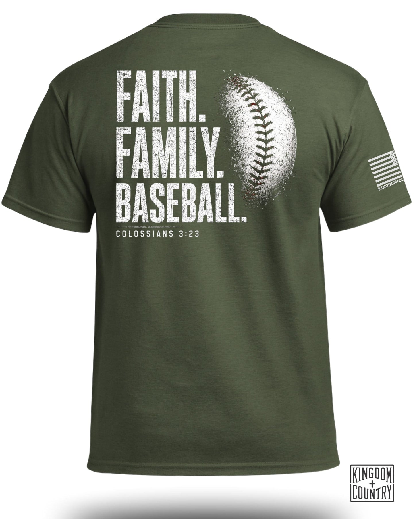 Green t-shirt with "FAITH. FAMILY. BASEBALL. COLOSSIANS 3:23" and baseball graphic.