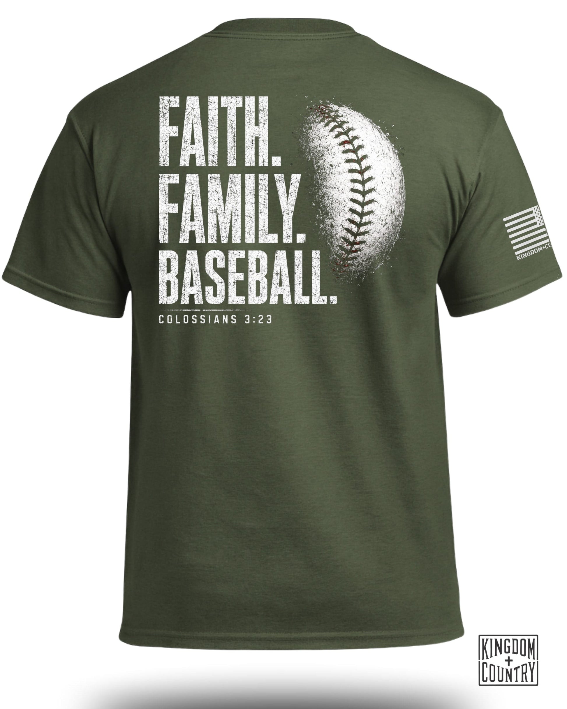 Green t-shirt with "FAITH. FAMILY. BASEBALL. COLOSSIANS 3:23" and baseball graphic.