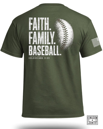 Green t-shirt with "FAITH. FAMILY. BASEBALL. COLOSSIANS 3:23" and baseball graphic.