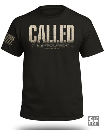 Black t-shirt with "CALLED" text and a Bible verse from 1 Peter 2:9.