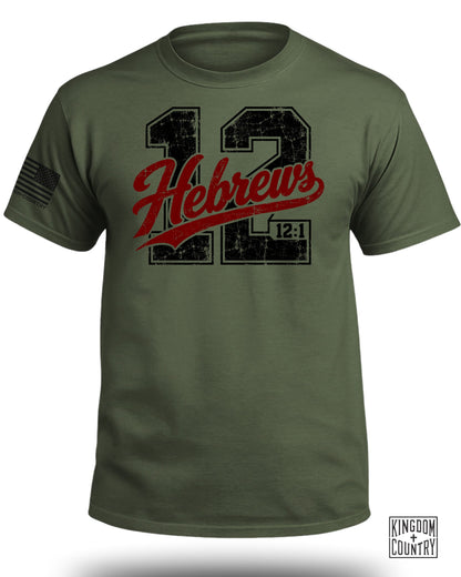 Olive t-shirt with "Hebrews 12:1" text and distressed American flag graphic.