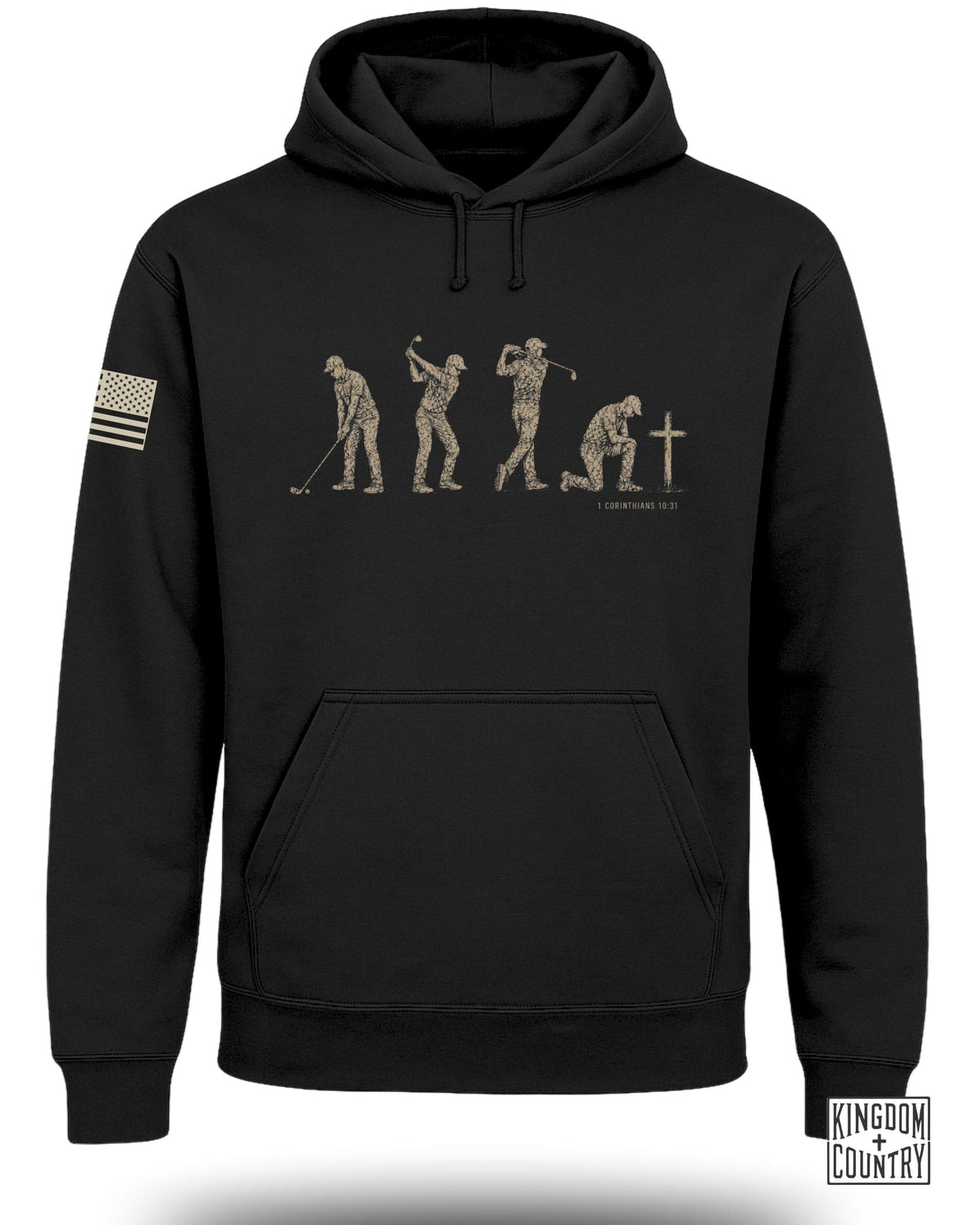 Black hoodie with golf evolution graphic and "1 Corinthians 10:31" text.