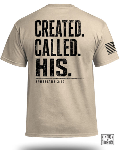Tan t-shirt with black distressed text "CREATED. CALLED. HIS. EPHESIANS 2:10" and an American flag logo.