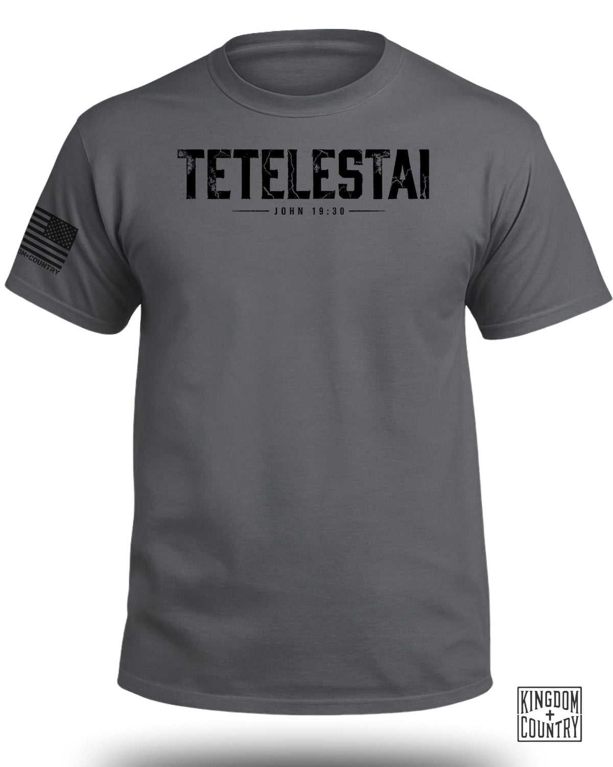 Grey t-shirt with "TETELSTAI JOHN 19:30" text and American flag detail.