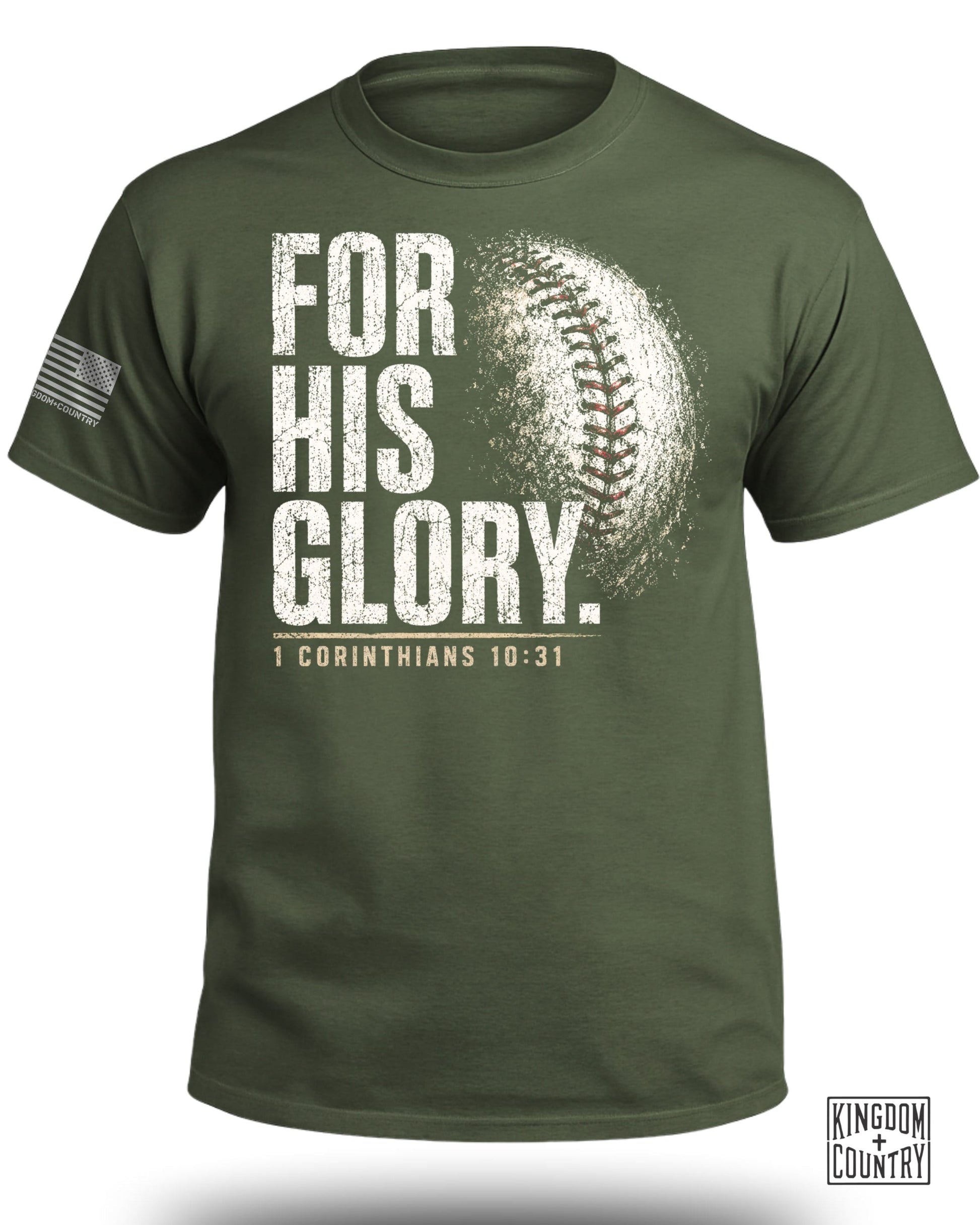 Green t-shirt with "FOR HIS GLORY. 1 CORINTHIANS 10:31" and a baseball graphic.