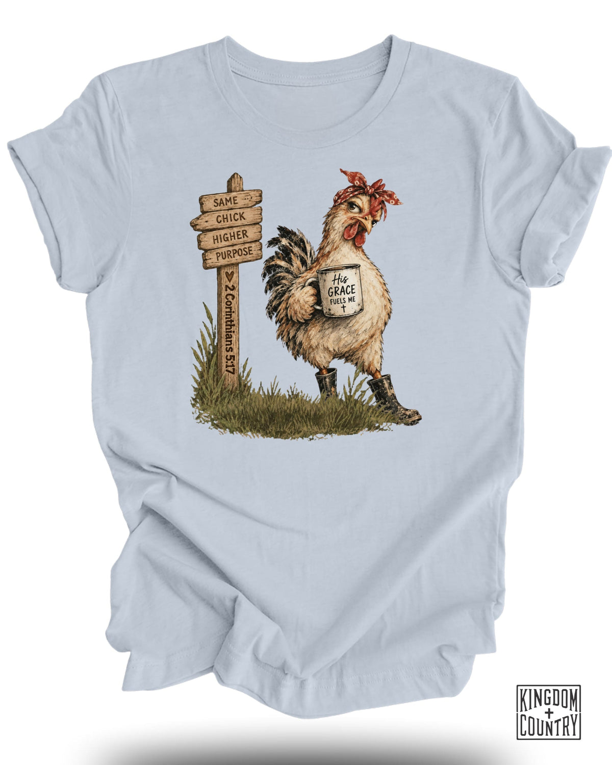 A chicken wearing a bandana and boots holds a mug with "His Grace Fuels Me".