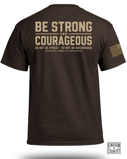 Brown t-shirt with "BE STRONG AND COURAGEOUS" and Joshua 1:9 text.