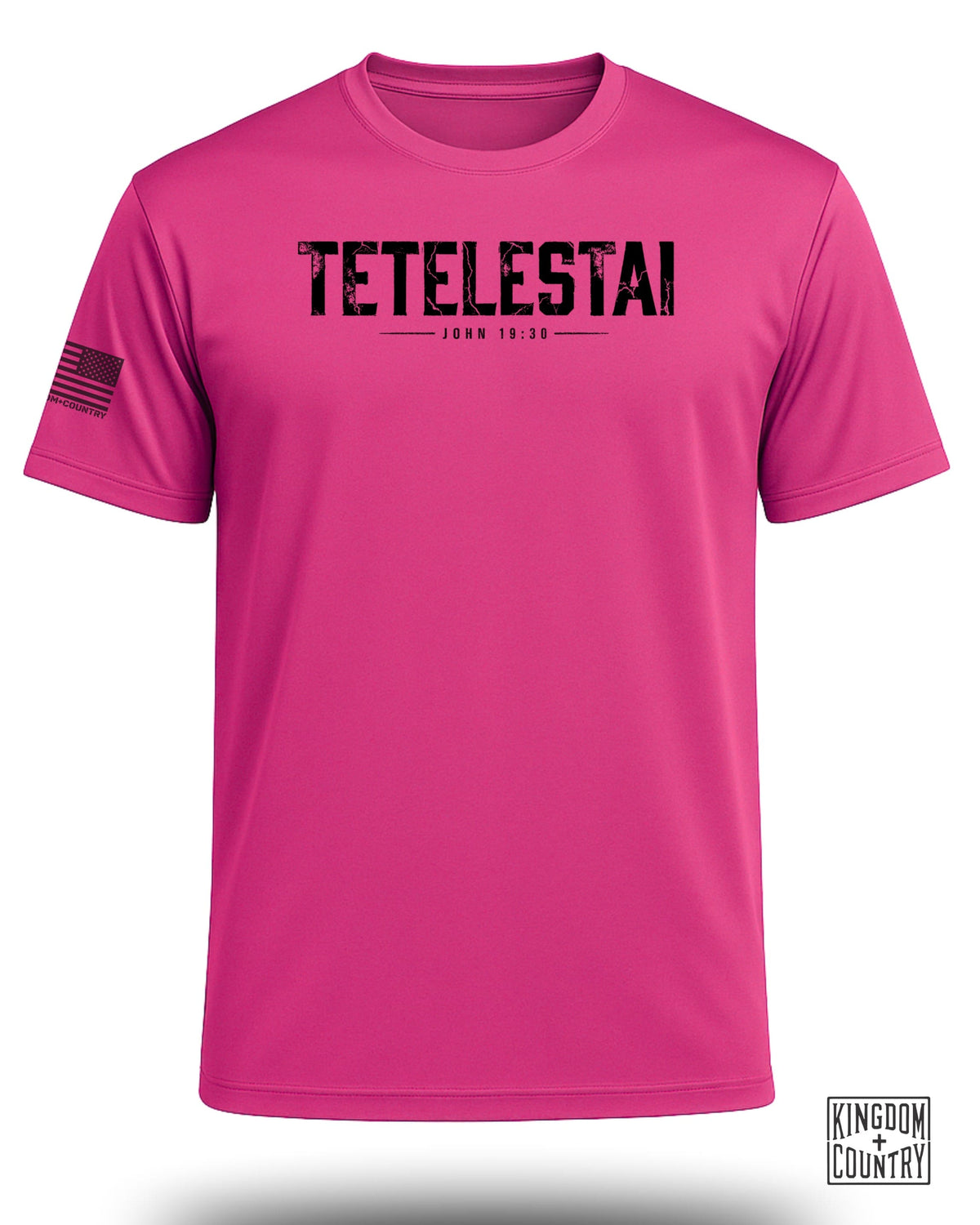 Pink t-shirt with "TETELESTAI JOHN 19:30" text and US flag graphic.