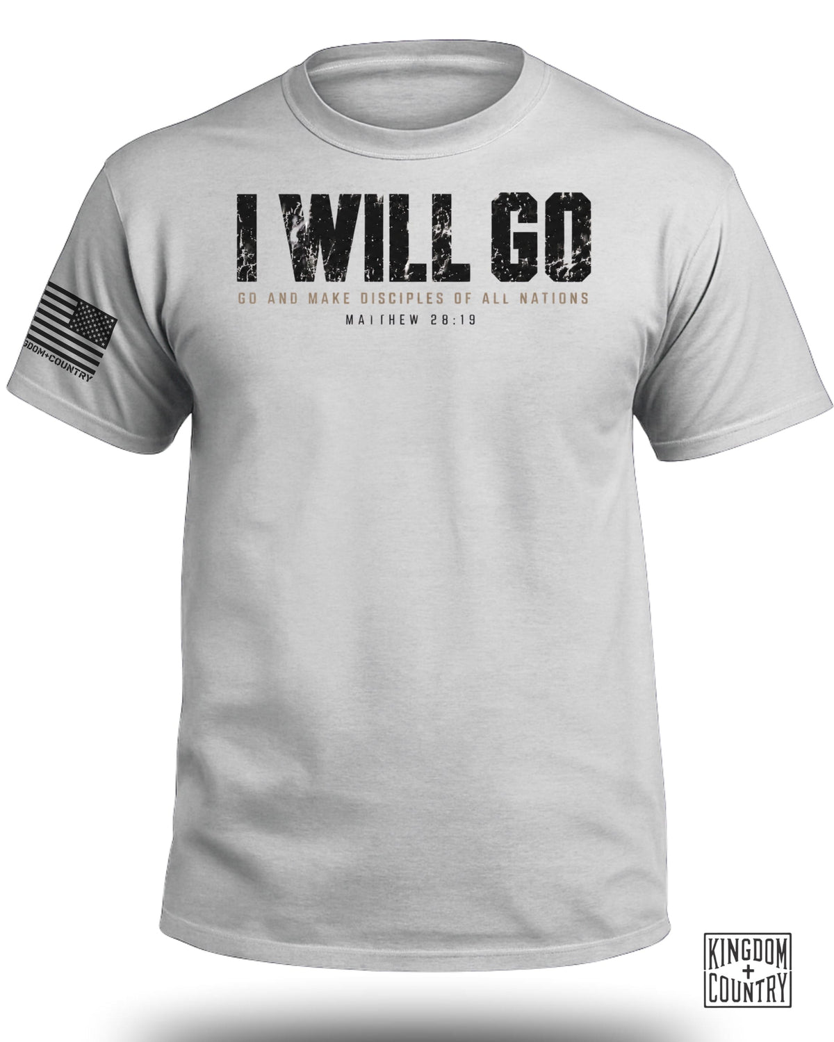 Light grey short-sleeved t-shirt featuring the text "I WILL GO" and Matthew 28:19.
