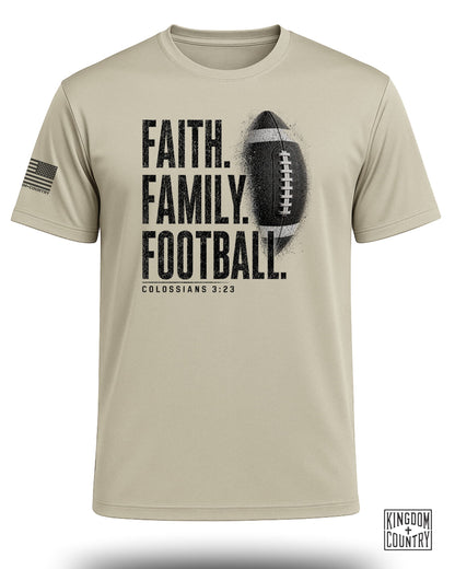 Tan t-shirt with "Faith. Family. Football. Colossians 3:23" and a football graphic.
