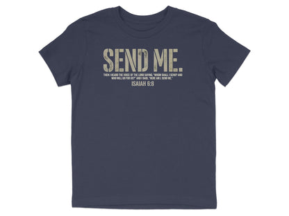 Navy t-shirt with "SEND ME. ISAIAH 6:8" text.