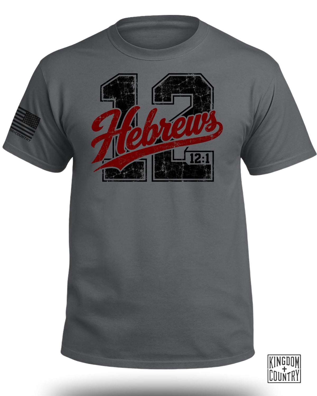 Grey t-shirt with distressed black 12, red Hebrews, and 12:1 text.