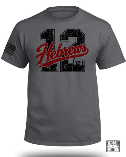 Grey t-shirt with distressed black 12, red Hebrews, and 12:1 text.